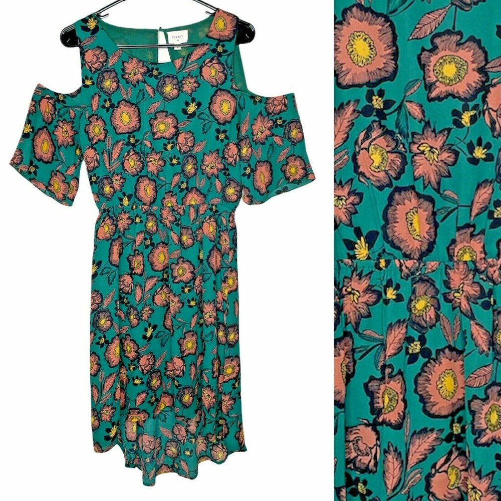 EVERLY Open Back Green Floral Cold Shoulder Asymmetrical Summer Dress Wms Sz M